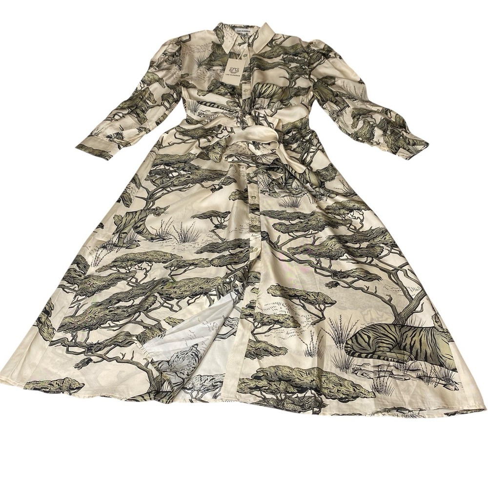 Las Sureñas Safari Ivory Women Sz S Button Tie‎ Front Long Balloon Sleeve Dress